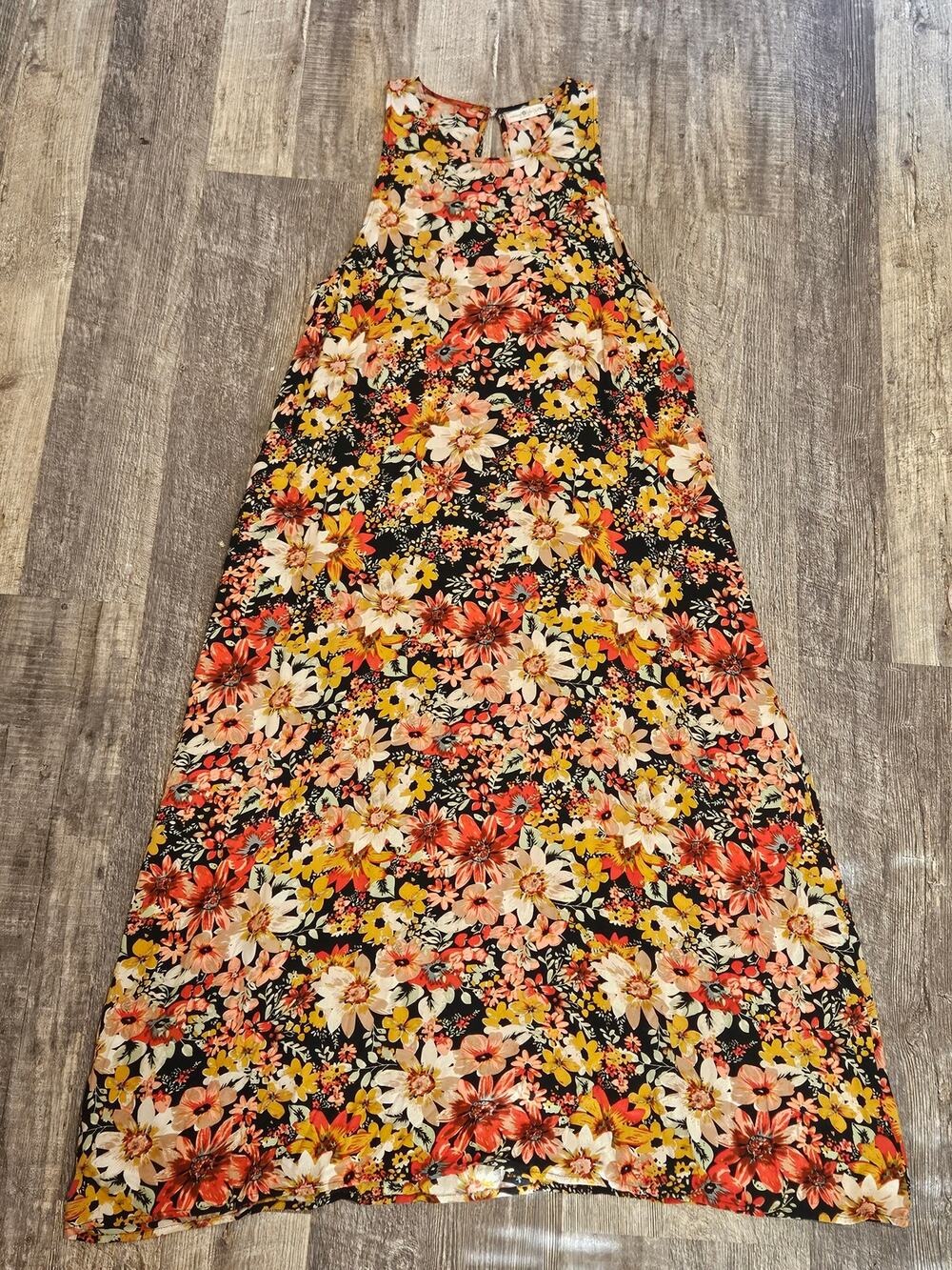 Natural life black floral maxi dress L XL Pockets boho fall cottage farmhouse